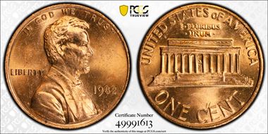 1982 1C Bronze, Small Date MS64RD