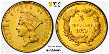 1872 $3 MS62PL