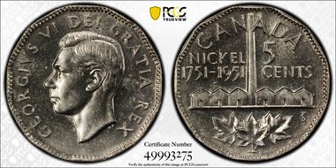 1951 5C Nickel Bicentennial MS63