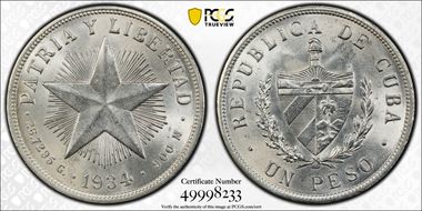 1934 Peso KM-15.2  Ag MS63