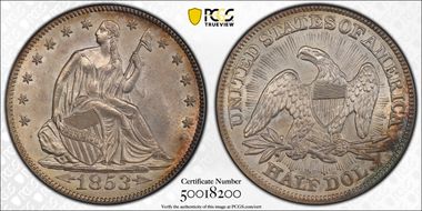 1853 50C Arrows & Rays MS64