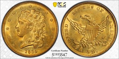 1834 $5 Classic Head, Plain 4 MS63