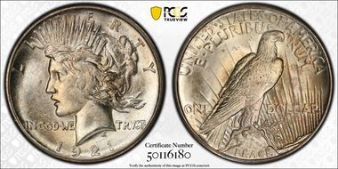 1921 $1 High Relief, Peace MS65+