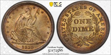 1838 10C No Drapery, Small Stars MS65