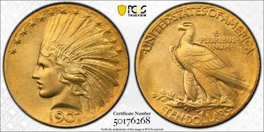 1907 $10 Indian, Wire Rim MS67
