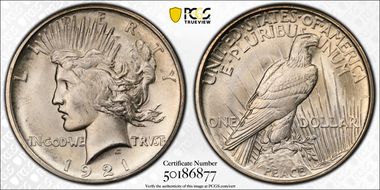 1921 $1 High Relief, Peace MS65+