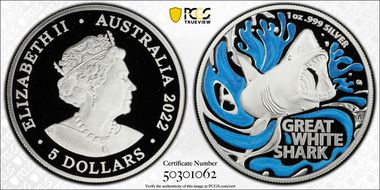 2022 $5 Great White Shark Colorized PR70DCAM