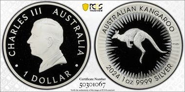 2024-P125 $1 Kangaroo Ag King Charles III First Issue PR69DCAM