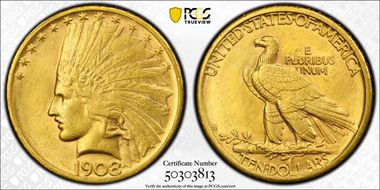 1908-D $10 No Motto AU58