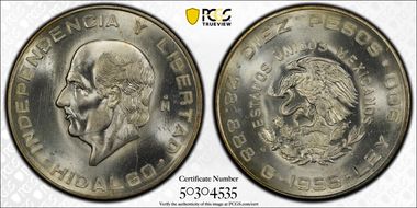 1955-Mo 10 Peso Hidalgo KM-474  Ag MS66