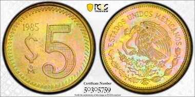 1985-Mo 5 Peso Brass MS65