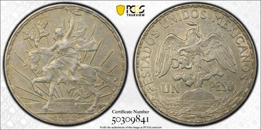 1912 Peso Caballito KM-453  Ag AU50