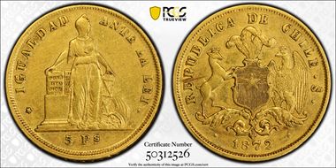 1872-So 5 Peso KM-144 AU50