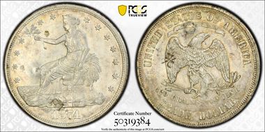 1874-S T$1 Chopmarked AU55
