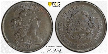 1806 1/2C Small 6, No Stems AU55BN