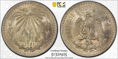 1921-M Peso KM-455  Ag MS64
