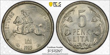 1925 5 Litai KM-78  Ag MS62