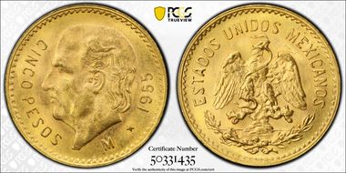 1955-M 5 Peso KM-464  Au MS66