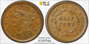 1857 1/2C AU55BN