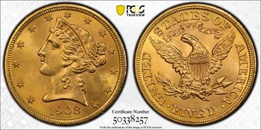 1908 $5 Liberty MS64
