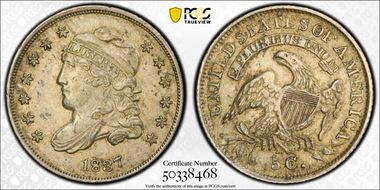 1837 H10C Capped Bust, Small 5C AU58