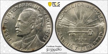 1953 Peso Jose Marti KM-29  Ag AU58