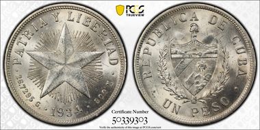 1934 Peso KM-15.2  Ag MS62
