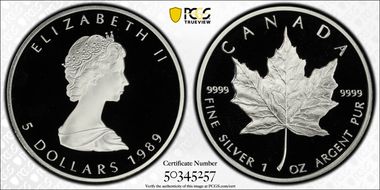1989 $5 10th Ann Maple Leaf Ag PR69DCAM
