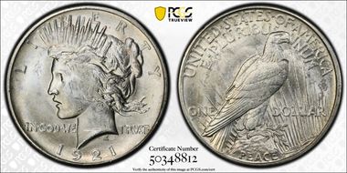 1921 $1 High Relief, Peace MS63