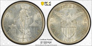 1908-S Peso KM-172  Ag AU58