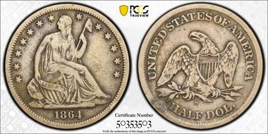 1864-S 50C WB-4 Small Wide Broken S F15