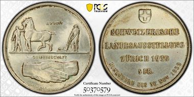 1939-HF 5 Fr Zurich Expo KM-43  Ag MS63