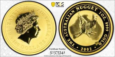 2002 $100 Kangaroos-Nugget Au MS69