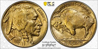 1937-D 5C 3 Legs AU55