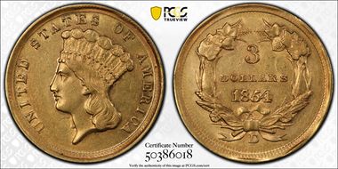 1854-D $3 AU55