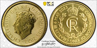 2023 £10 Coronation of Charles III Au Royal Cypher MS68