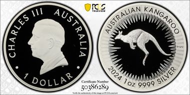2024-P125 $1 Kangaroo Ag King Charles III First Issue PR69DCAM