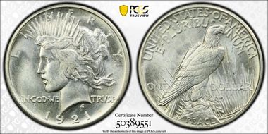 1921 $1 High Relief, Peace MS63