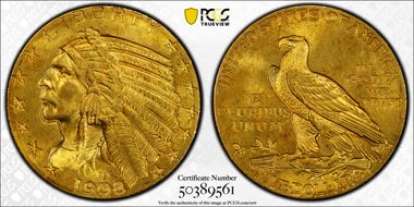1908 $5 Indian MS64+ 
