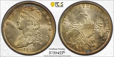 1838 25C Capped Bust MS63