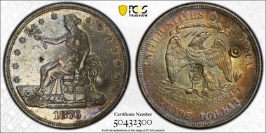 1876 T$1 C-15, Transitional T-I Obv Chopmarked N1PL