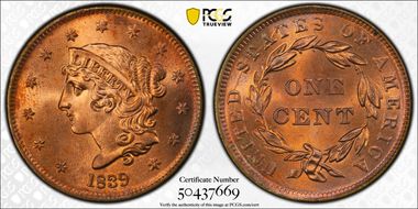 1839 1C Booby Head MS65RD