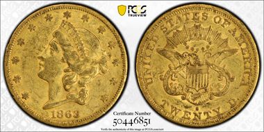 1863-S $20 AU50
