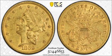 1869-S $20 AU53