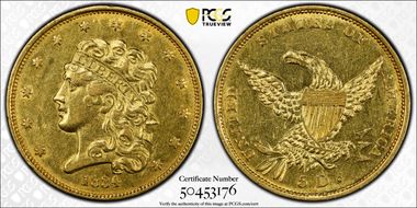 1834 $5 Classic Head, Plain 4 AU55