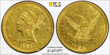 1842 $10 Large Date AU55