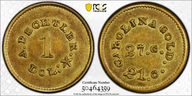 (1842-50) G$1 A. Bechtler 27 Grains, 21 Carat PE AU58