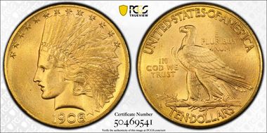 1908-D $10 Motto MS63