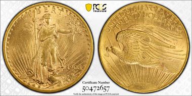 1908-D $20 No Motto AU58