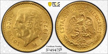 1920-M 5 Peso KM-464  Au MS62